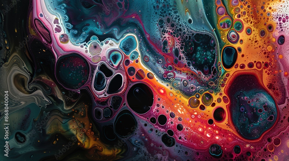 Poster luminescent symphony - abstract fluid painting with rich jewel tones and intricate layers creating a