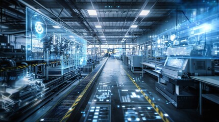 Fototapeta premium high-tech industrial facility with holographic overlays, smart factory IoT concept
