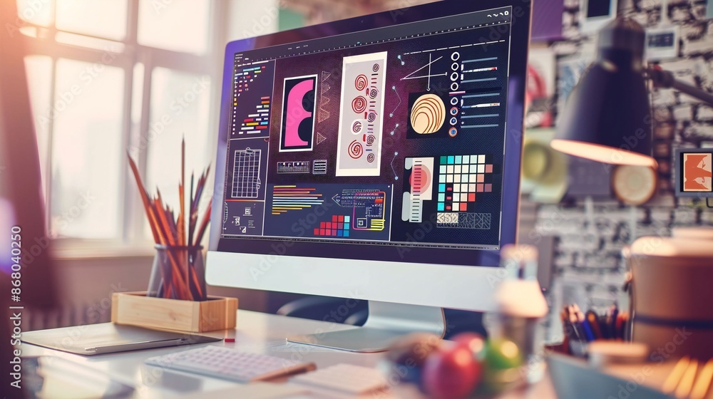 Poster graphic design software interface with 'design' typography, creative workspace setting