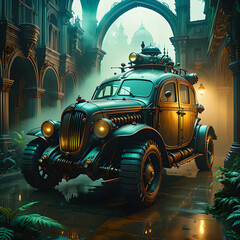 Vintage Steampunk Vehicle: 1940s Car Meets Robotic Parts in Ancient Palace