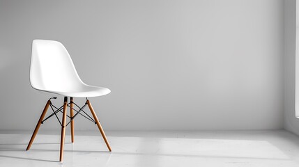 A white chair with wooden legs on a white surface