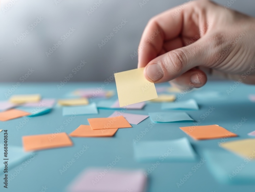 Poster efficient project management with color-coded sticky notes in modern office setting