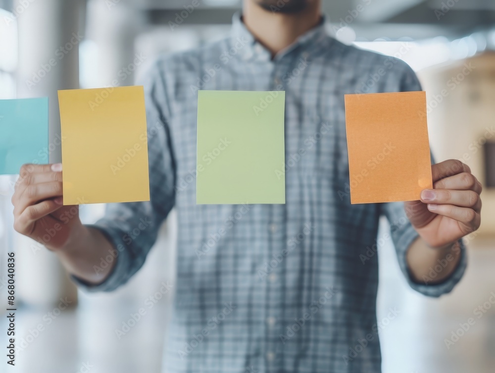 Poster organized project manager arranging color-coded sticky notes in modern office setting