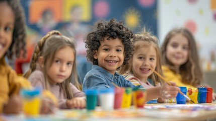 Group Of Diverse Smiling Children In Classroom, Engaged In Art Activities. Bright School Atmosphere