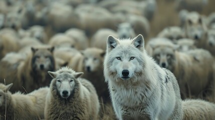 A white wolf stands in a herd of sheep looking fierce 