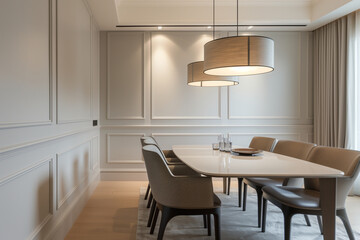 Modern minimalist dining room with sleek furniture. Soft lighting. Neutral-toned wainscoting panels. Plain background.