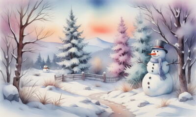 Obraz premium Snowman stands in a serene snowy landscape near a cozy cabin at sunrise, surrounded by pine trees and snow-covered mountains