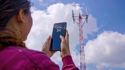 Text 5G, fifth generation of cellular technology, faster data speeds, lower latency, enhanced connectivity, and supports massive IoT deployments, revolutionizing communication