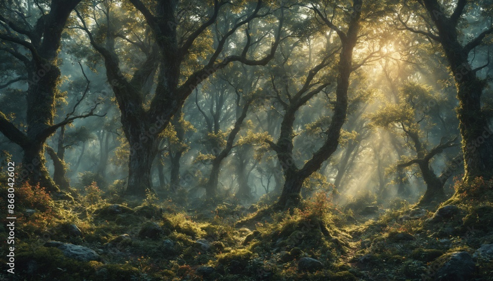 Poster Sunlight streams through the branches of a misty forest at dawn, illuminating a path through the dense trees
