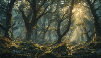 Sunlight streams through the branches of a misty forest at dawn, illuminating a path through the dense trees