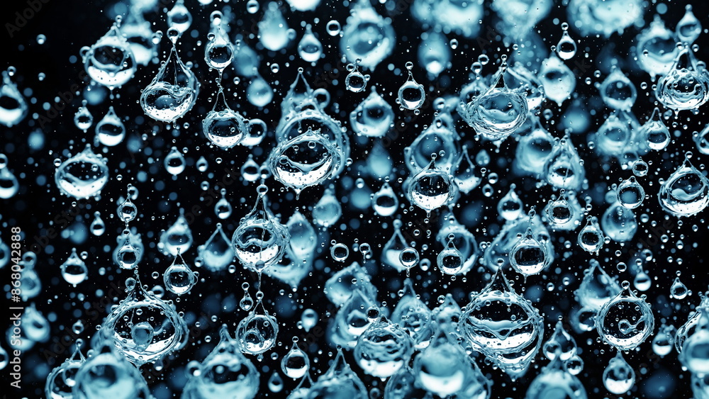 Poster multitude of water droplets falling against a black background. the droplets are in various sizes an