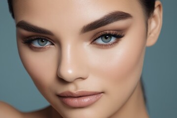 Fototapeta premium A close-up portrait of a woman with blue eyes and defined eyebrows. Her skin is smooth and her lips are slightly parted. The background is a soft blue