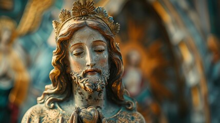 Obraz premium Banner background of Church Day theme banner design for microstock, no text, and wide copy space, [Sacred Heart Statue: A close-up of a Sacred Heart statue], 