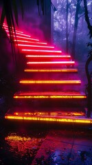 Artistic floating stairs lit by red and yellow neon lights, giving a striking visual.