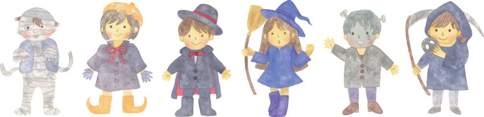 ハロウィンの仮装をする子供たちの水彩タッチのベクターイラスト