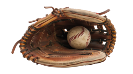 Baseball glove with a ball in it on transparent background