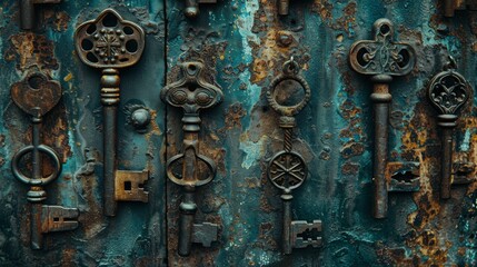 Banner background of Church Day theme banner design for microstock, no text, and wide copy space, [Old Church Keys: A set of old, vintage keys for the church doors], 
