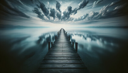 Obraz premium Serene Wooden Pier Extending into a Calm Lake Under Dramatic Cloudy Sky - High-Resolution Landscape Photo