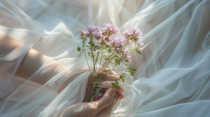 hands gently holding a small bouquet of purple clover flowers, delicate and serene