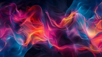 Obraz premium Abstract colorful smoke art with bright vibrant hues on dark background, flowing shapes and lines. Modern digital abstract concept