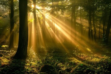 Golden Rays of Sunlight Illuminating a Misty Forest