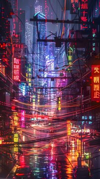 Intricate Futuristic Fiber Optic Network:Glowing Neon Cables,Tangled Circuits,and Cityscape