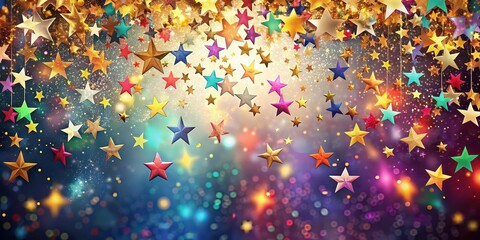 Stars and confetti falling on a festive background, celebration, party, decoration, festive, shiny, sparkle, glitter, fun
