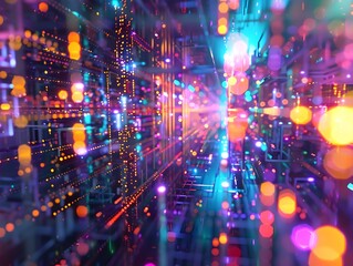 Obraz premium Prismatic Fiber Optic Matrix:Refracting Kaleidoscopic Light,Interlacing Lattices,and Data Streams in Technological Singularity