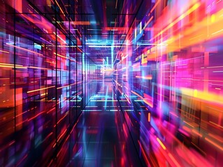 Luminous fiber optic labyrinth with converging pathways and pulsing nodes of energy in a vivid neon-drenched urban skyline