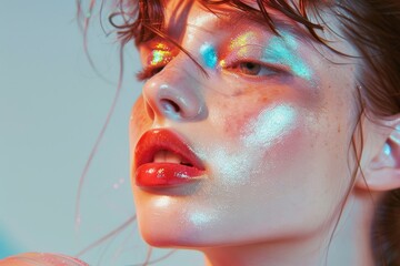 Close-Up Portrait of a Woman with Glittery Makeup