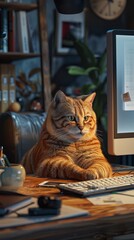3D image of a fat cat sitting at an office table in front of a computer.