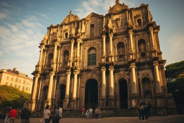 Fototapeta premium The Ruins of St. Paul's in Macau, where time travelers negotiate with ancient traders.