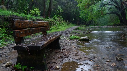 Fototapeta premium Tranquil Wooden Bench by Quiet Stream in Drizzle Weather