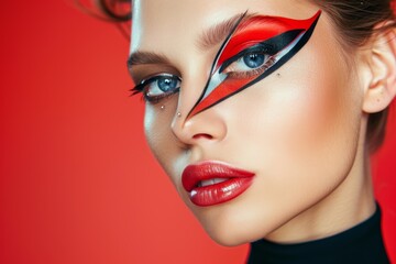 Close-up Portrait of a Woman with Bold Red and Black Makeup