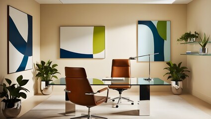  A contemporary office room with a glass desk, ergonomic chair, and abstract art on the walls. 