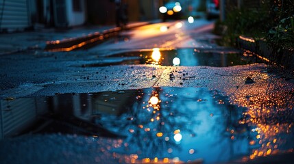 Obraz premium Urban Night Photography: Mesmerizing Reflection of Street Lights in Rainy Alley Puddles