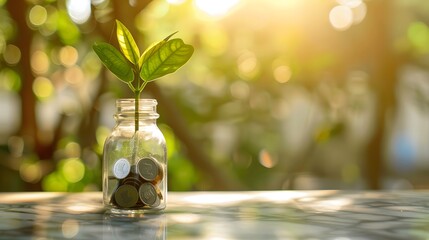 A small glass bottle filled with coins sits on a marble table, illuminated by sunlight, symbolizing savings growth.