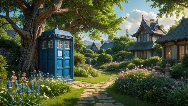 Blue Police Box in a Garden.