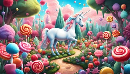 fantasy landscape with a white horse and lollipop trees