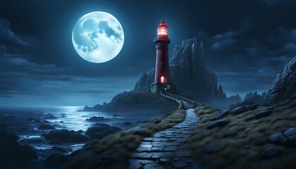 Moonlight Path to the Solitary Lighthouse