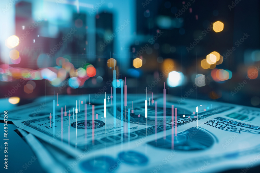 Poster close up of a stack of dollar bills with a graph of the stock market on top of them