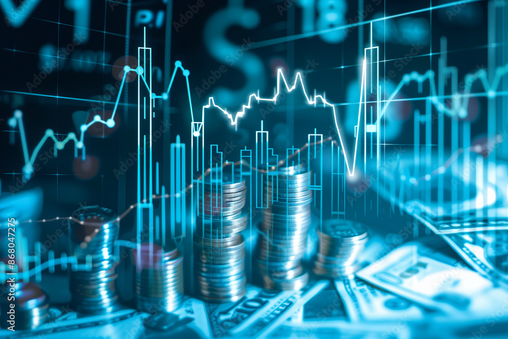 Poster stack of coins and bills are displayed on a computer screen with a graph of numbers. concept of fina