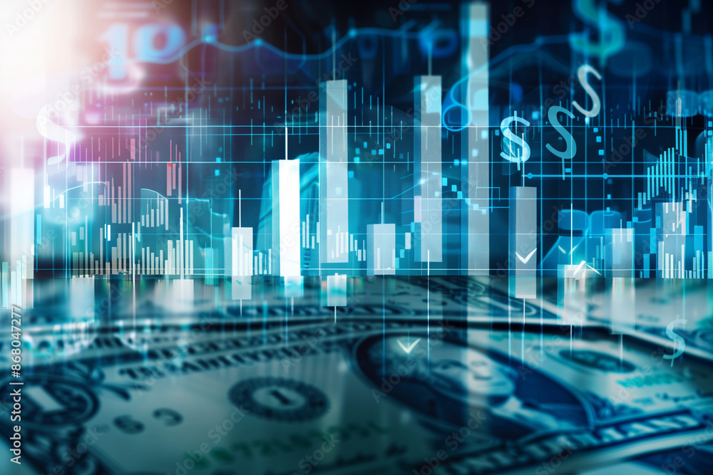 Poster close up of a stack of dollar bills with a graph of the stock market on top of them
