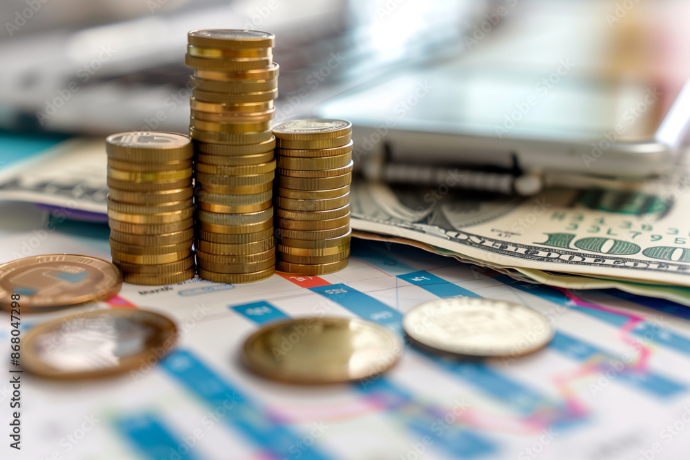 Aufkleber stack of coins and a stack of dollar bills sit on top of a piece of paper with graphs
