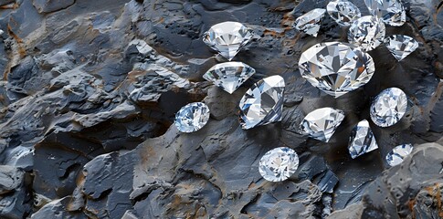 Sparkling diamonds of various shapes and sizes embedded in a rocky surface, showcasing their natural brilliance.