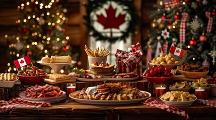 Christmas table with a variety of traditional Canadian dishes such as pudding, bacon, poutine, flags
