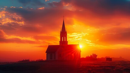 Obraz premium Banner background of Church Day theme banner design for microstock, no text, and wide copy space, [Sunrise Behind a Steeple: A church steeple with the sun rising behind it, casting a warm glow], 