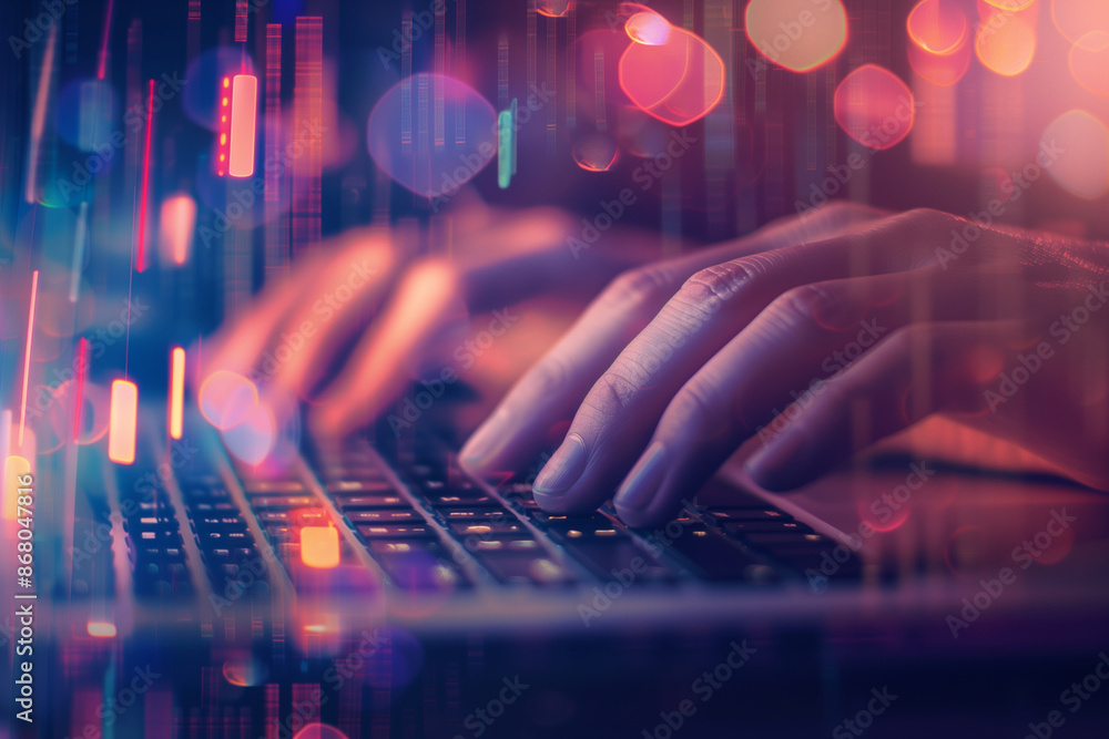 Poster person is typing on a keyboard in a colorful background. concept of creativity and productivity, as 