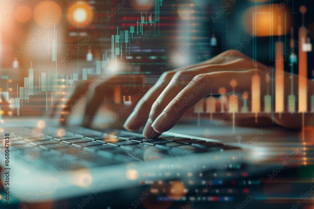 Poster person is typing on a laptop computer with a keyboard. the image has a futuristic and technological 