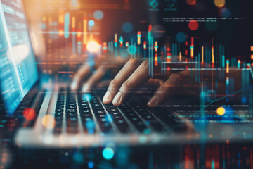  person is typing on a laptop computer with a keyboard. The image has a futuristic and technological feel to it, with the person's hand hovering over the keyboard